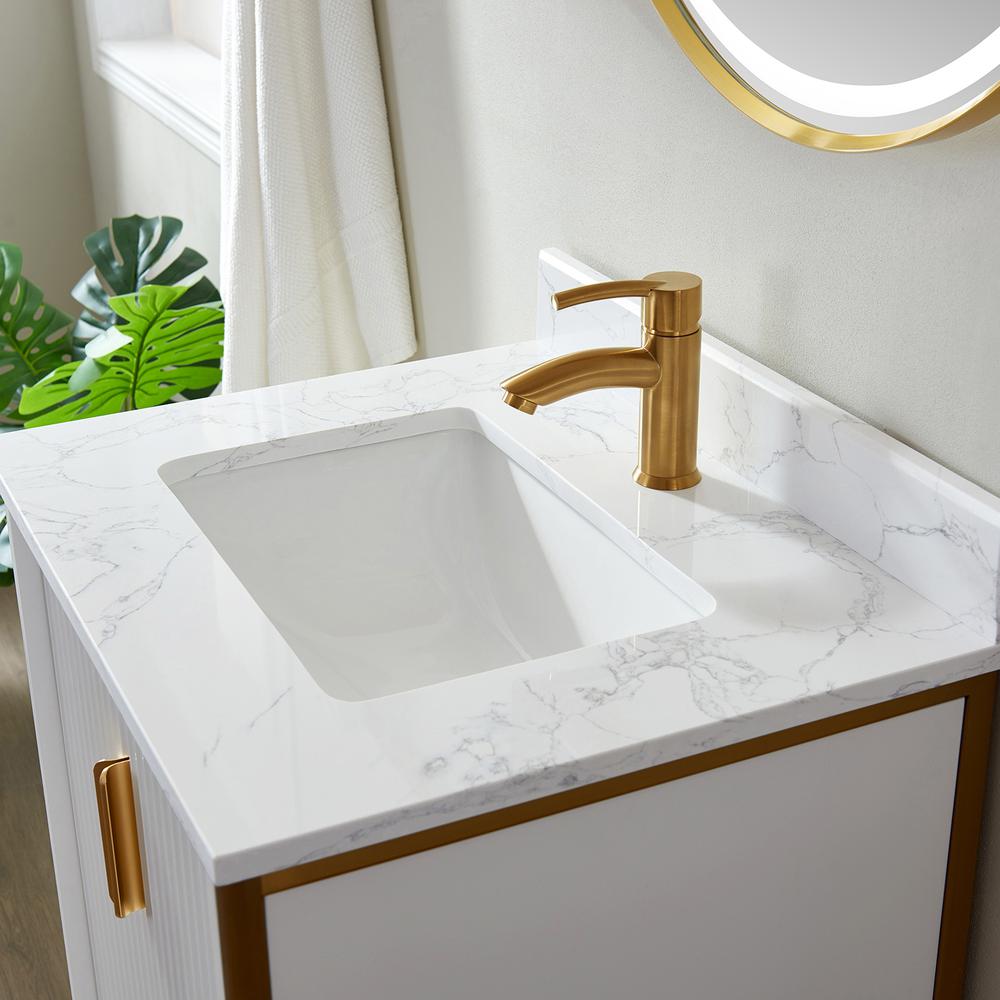 Vanity in White with White Composite Grain Stone Countertop With Mirror. Picture 7