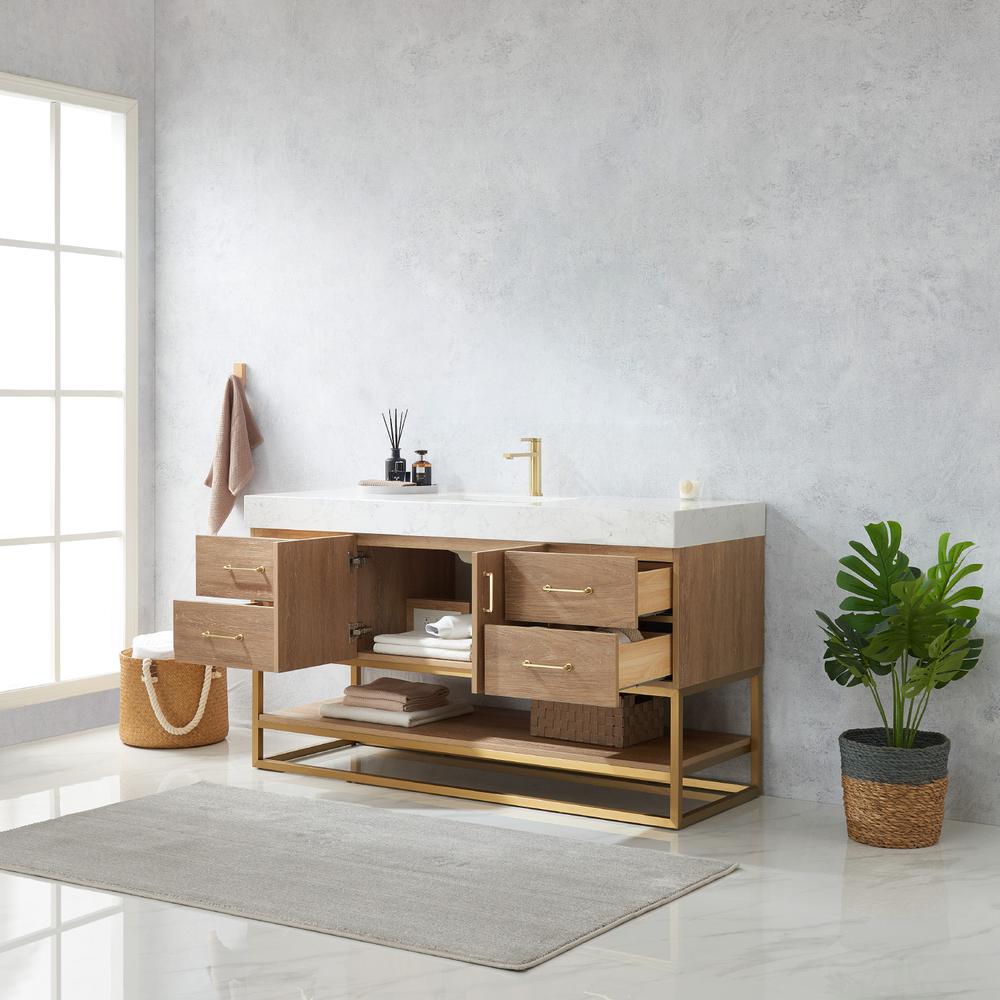60" Single Sink Bath Vanity with White Grain Stone Countertop. Picture 13