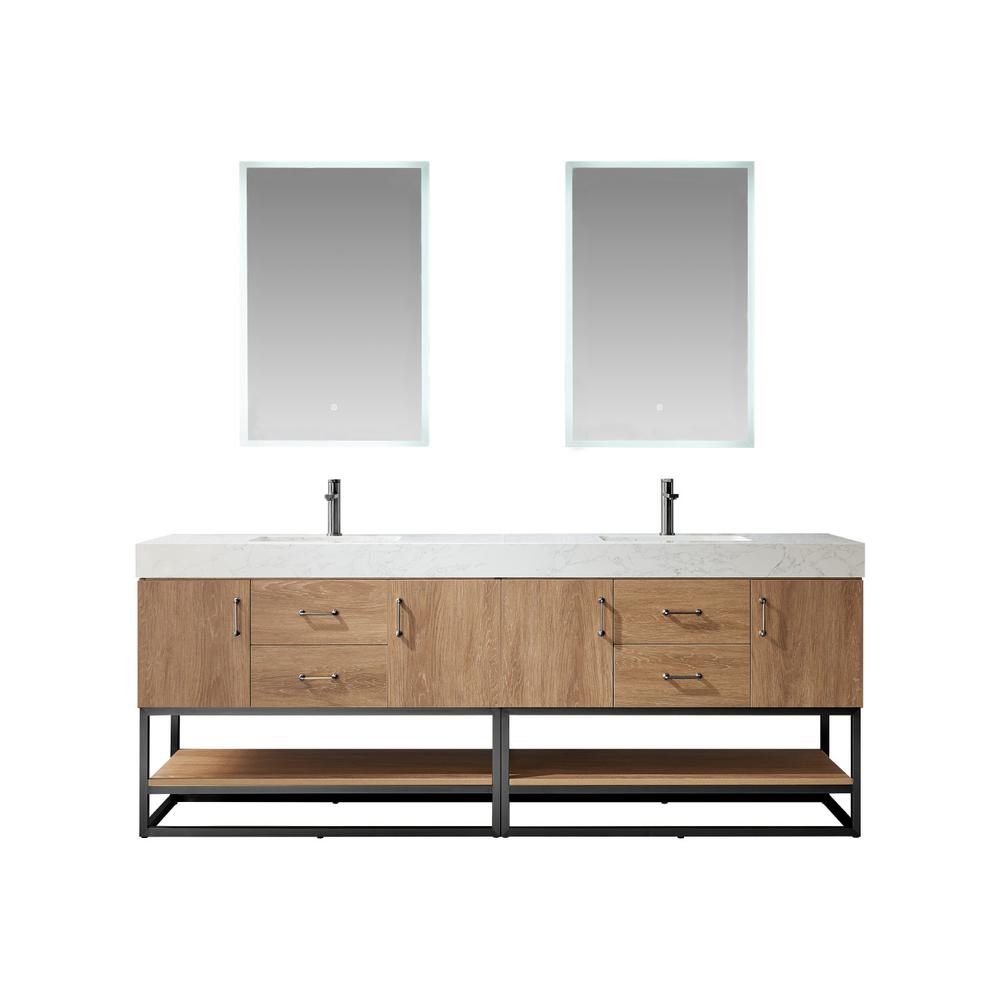 84B" Double Sink Bath Vanity with White Grain Stone Countertop and Mirror. Picture 1