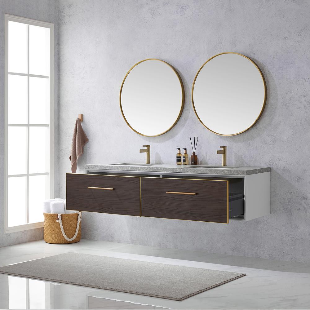 Double Sink Bath Vanity in Dark Walnut with Grey Sintered Stone Top and Mirror. Picture 6