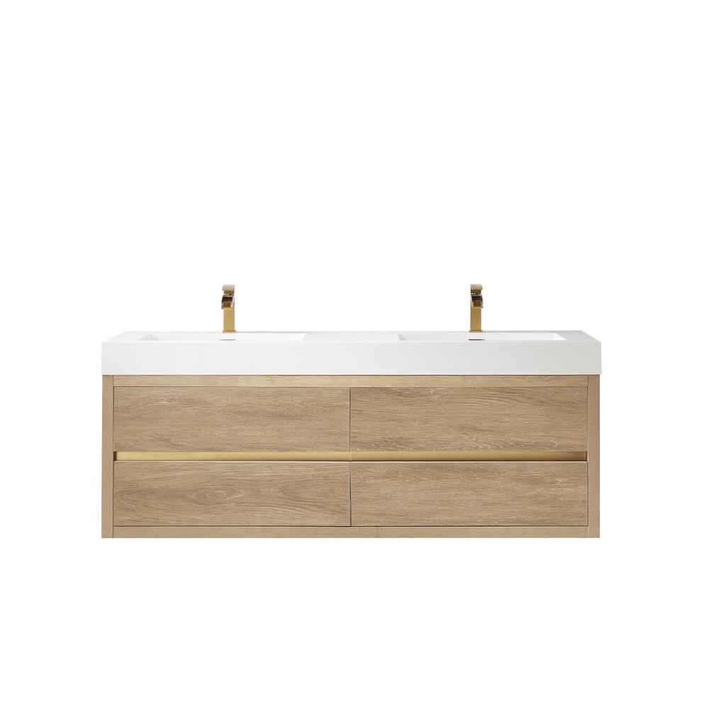 Double Sink Wall-Mount Bath Vanity with Composite Integral Square Sink Top. Picture 1