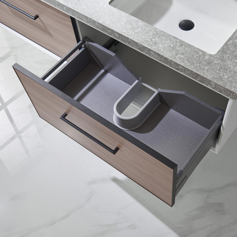 Double Sink Bath Vanity in Light Walnut with Grey Sintered Stone Top and Mirror. Picture 10