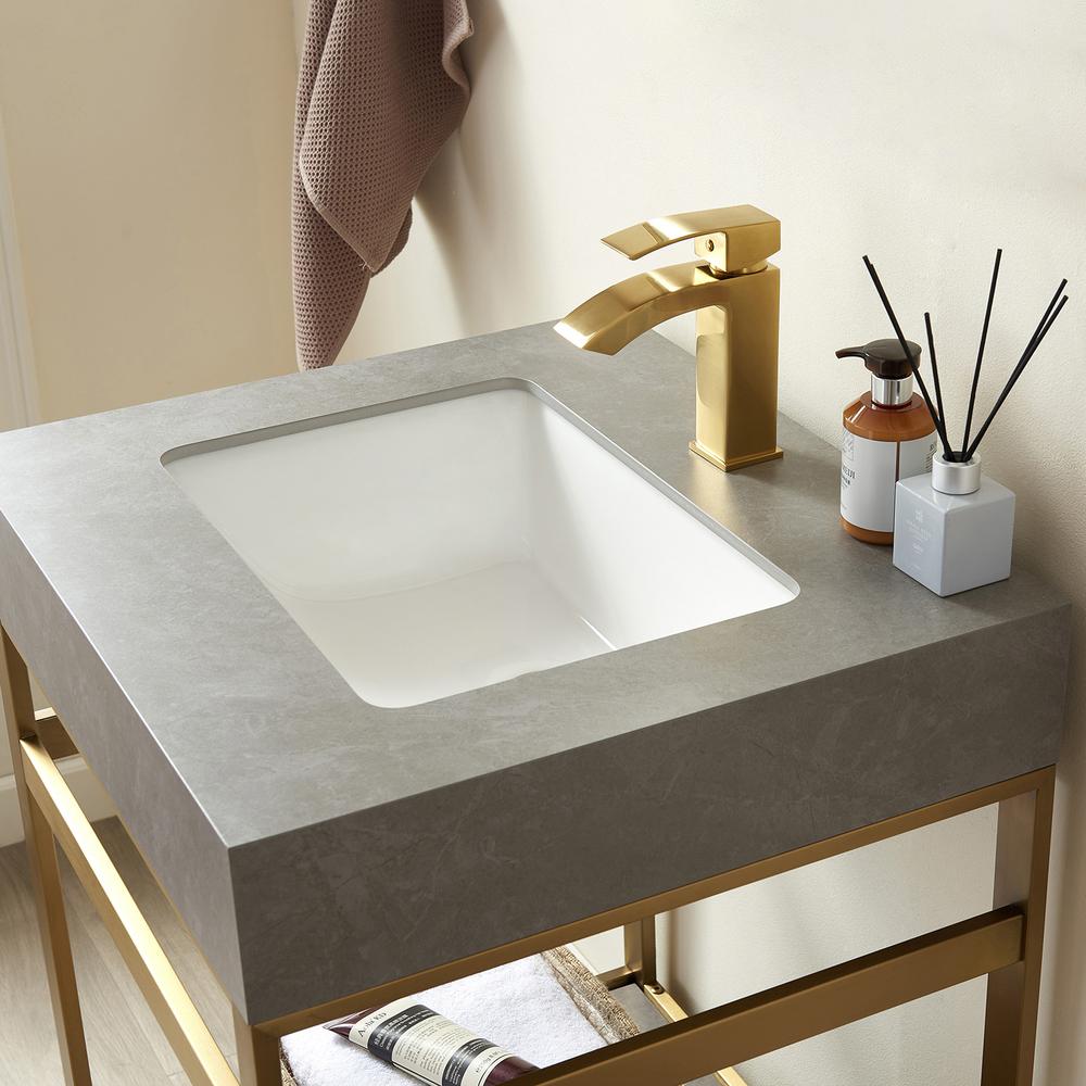 Single Sink Bath Vanity Metal Support with Grey Sintered Stone Top. Picture 6