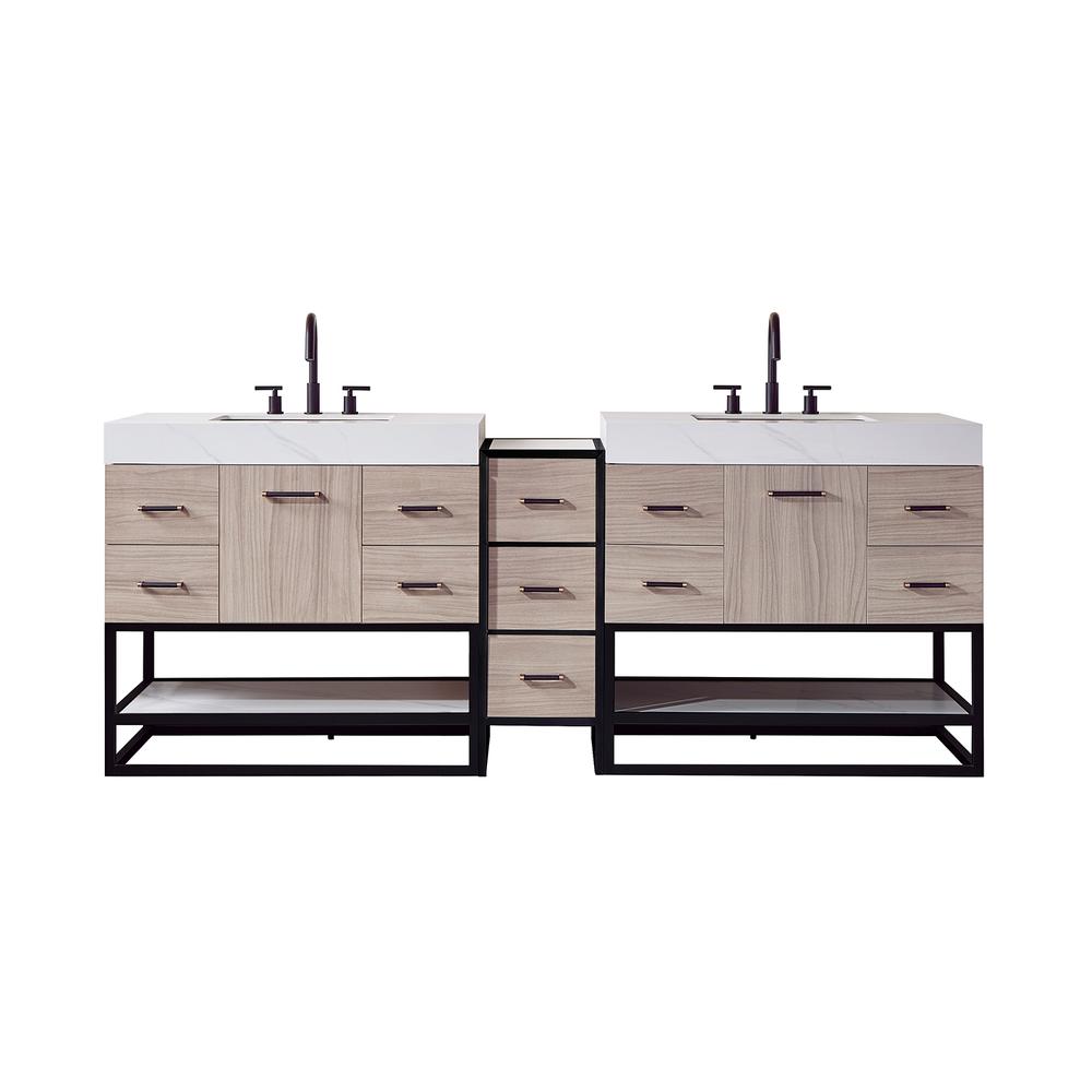 Toledo 84"Double Sink Bath Vanity in Light Walnut with White Sintered Stone Top. Picture 1