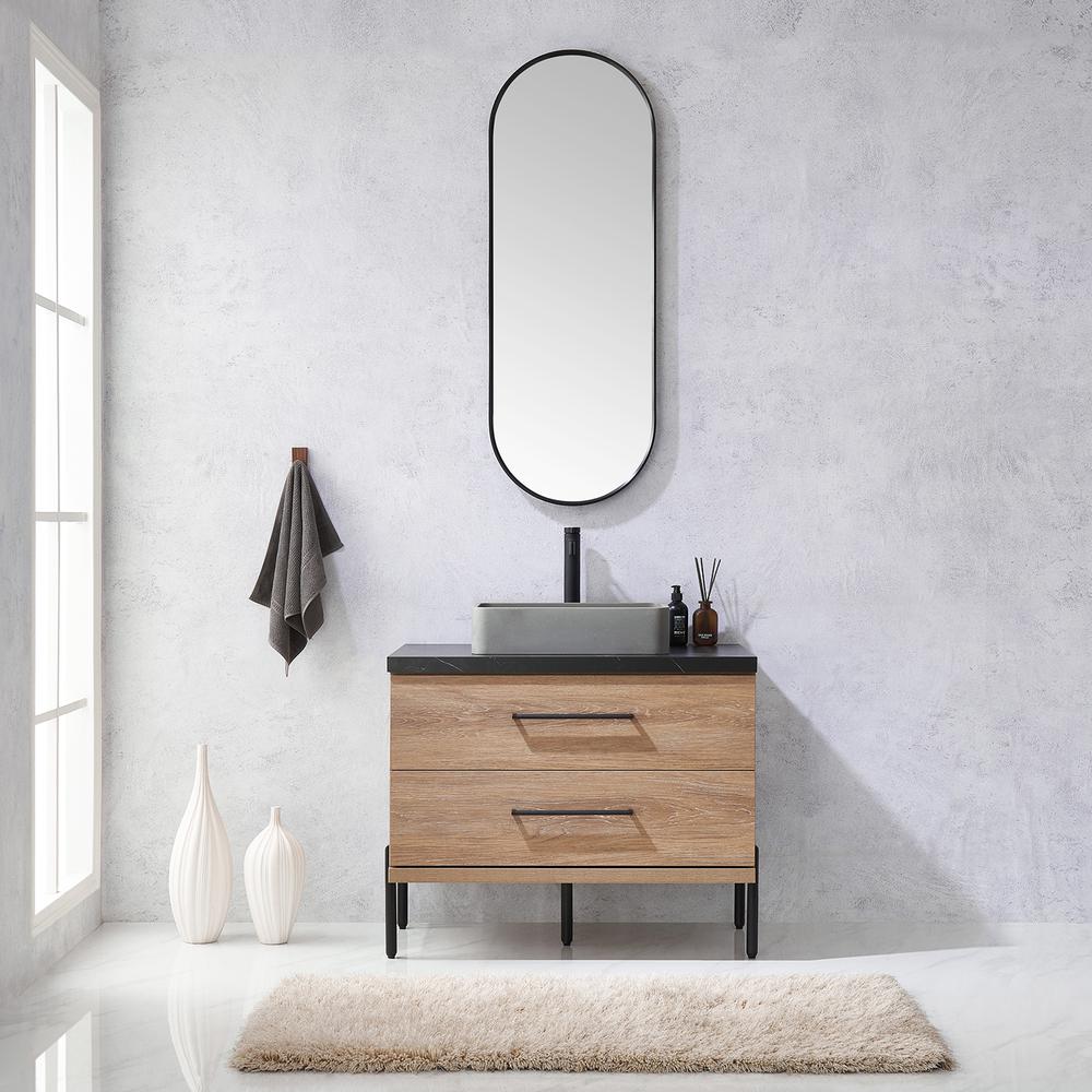 Single Sink Bath Vanity with Sintered Stone Top with Concrete Sink and Mirror. Picture 4