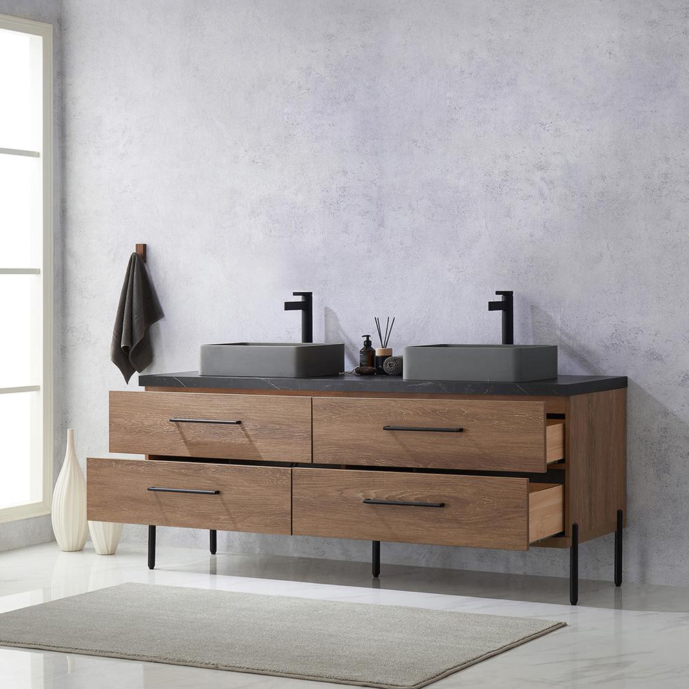 Double Sink Bath Vanity with Black Sintered Stone Top with Concrete Sink. Picture 6