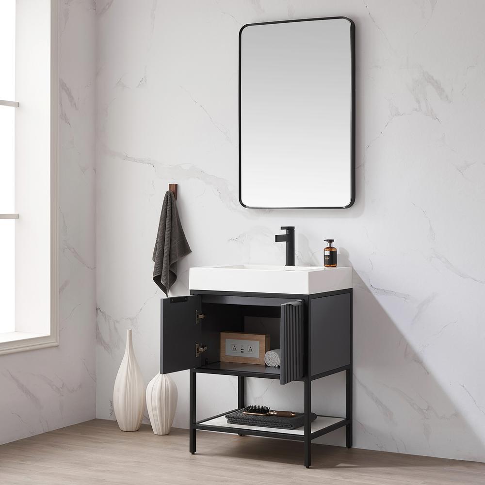 Single Sink Bath Vanity with One-Piece Composite Stone Sink Top and Mirror. Picture 6