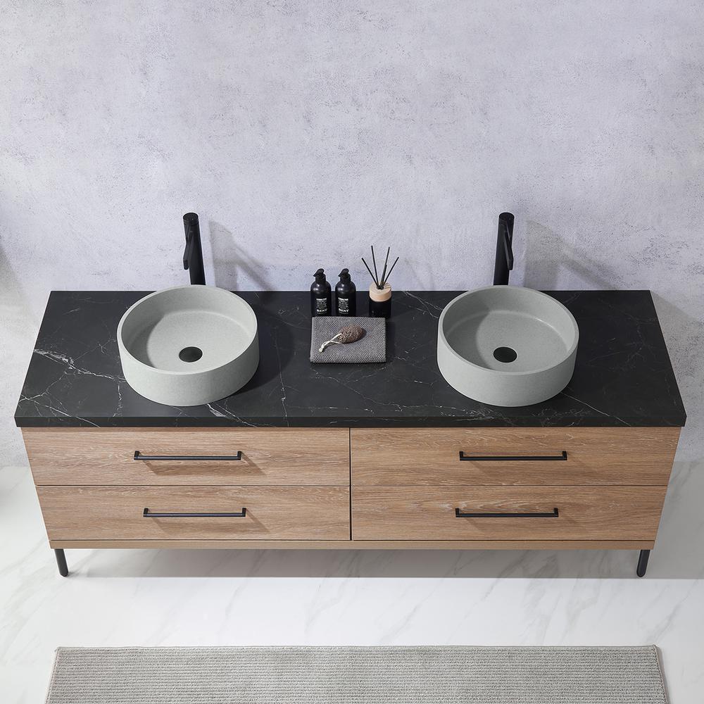 Double Sink Bath Vanity with Black Sintered Stone Top with Concrete Sink. Picture 8