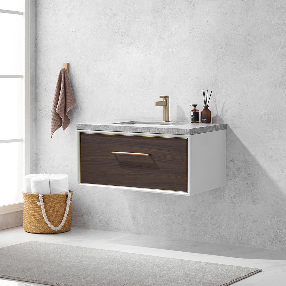 Single Sink Bath Vanity in Dark Walnut  with Grey Sintered Stone Top. Picture 5