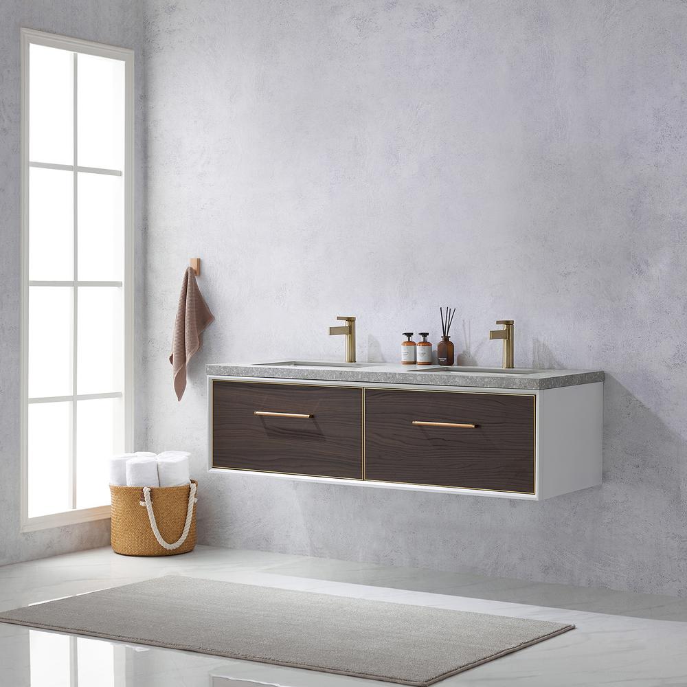 Double Sink Bath Vanity in Dark Walnut  with Grey Sintered Stone Top. Picture 13