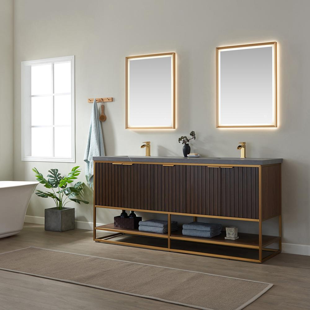 Vanity in Walnut Composite Armani limestone board stone countertop With Mirror. Picture 4