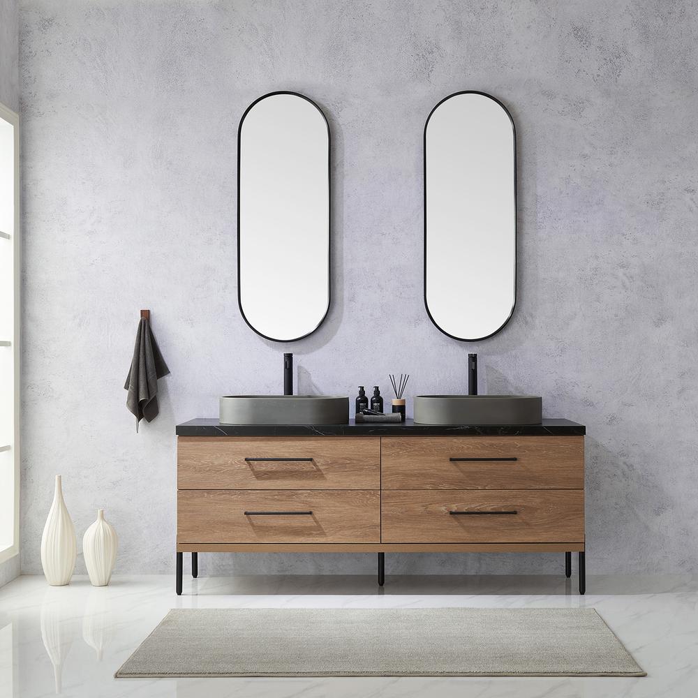 Double Sink Bath Vanity with Sintered Stone Top with Concrete Sink and Mirror. Picture 4