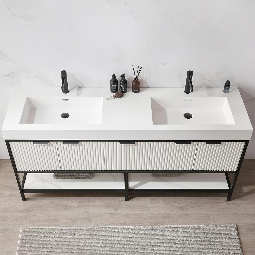 Double Sink Bath Vanity in White with One-Piece Composite Stone Sink Top. Picture 7