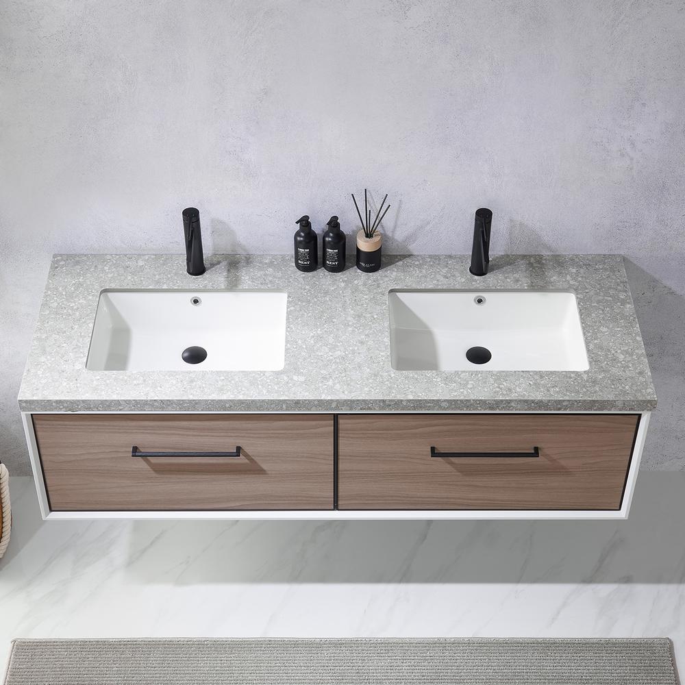 Double Sink Bath Vanity in Light Walnut with Grey Sintered Stone Top. Picture 7
