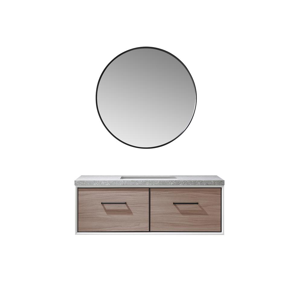 Single Sink Bath Vanity in Light Walnut with Grey Sintered Stone Top and Mirror. Picture 2