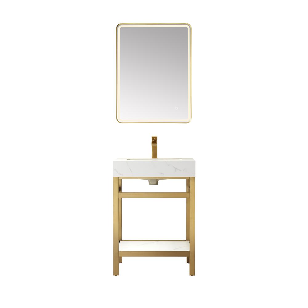 Single Sink Bath Vanity Metal Support with White Sintered Stone Top and Mirror. Picture 1