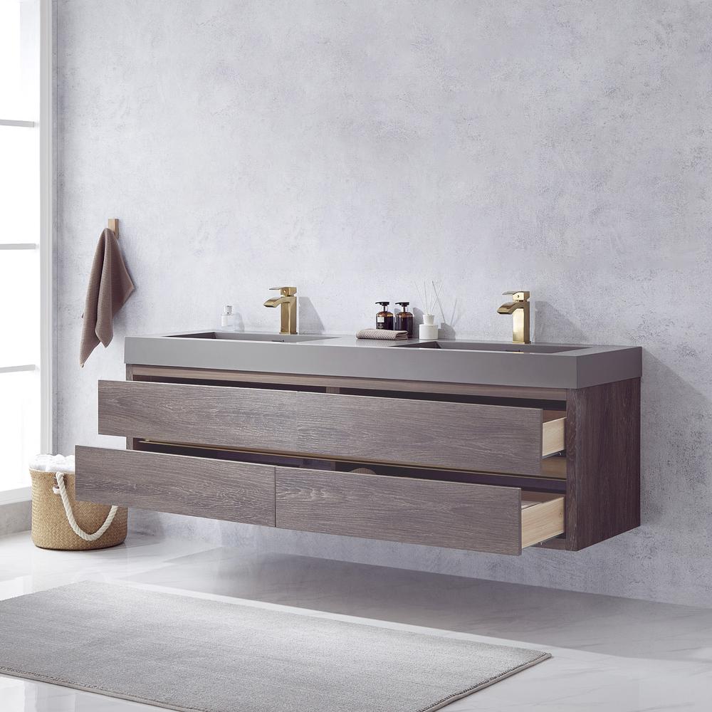 Double Sink Wall-Mount Bath Vanity with Grey Composite Integral Square Sink Top. Picture 5