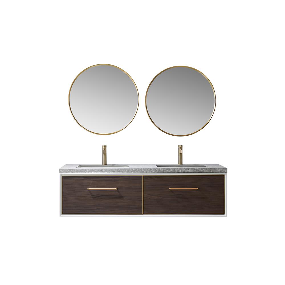 Double Sink Bath Vanity in Dark Walnut with Grey Sintered Stone Top and Mirror. Picture 1