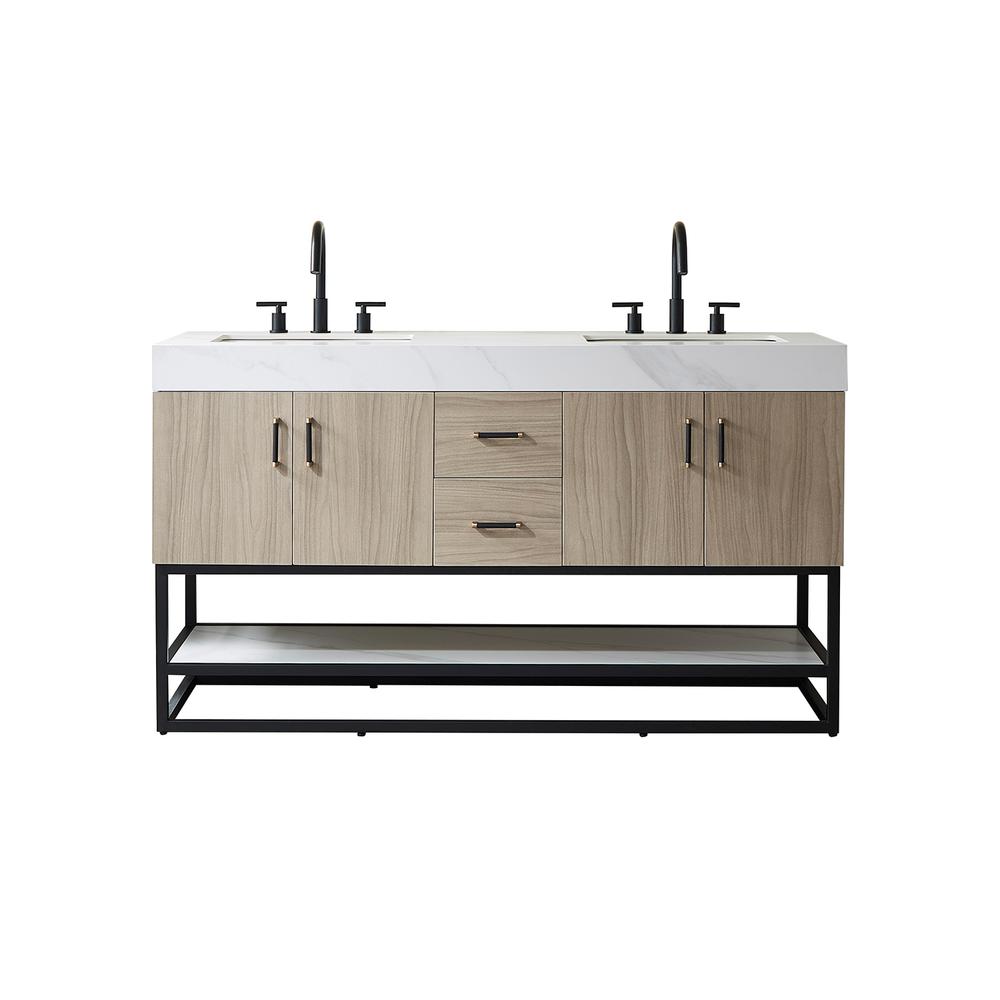 Toledo 60"Double Sink Bath Vanity in Light Walnut with White Sintered Stone Top. Picture 1