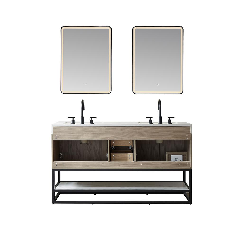 Double Sink Bath Vanity with White Sintered Stone Top and Mirror. Picture 3