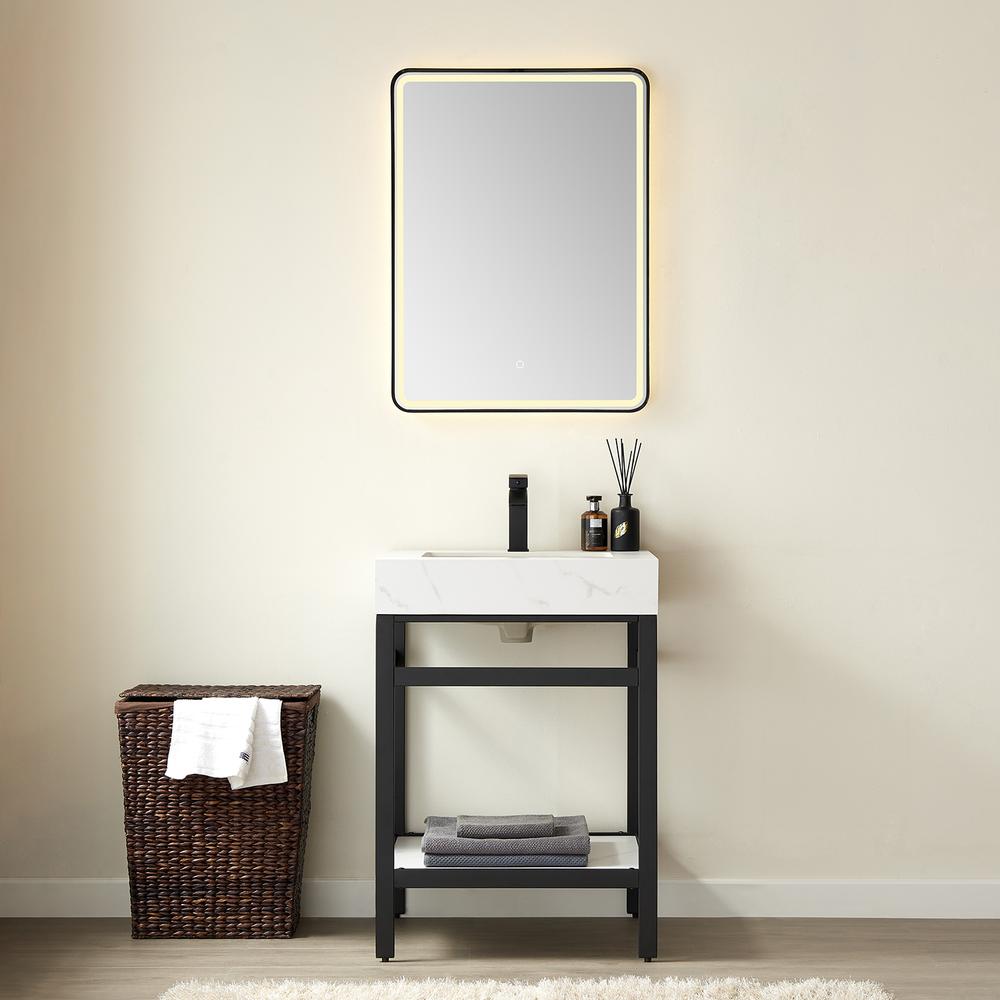 Single Sink Bath Vanity Metal Support with White Sintered Stone Top and Mirror. Picture 3