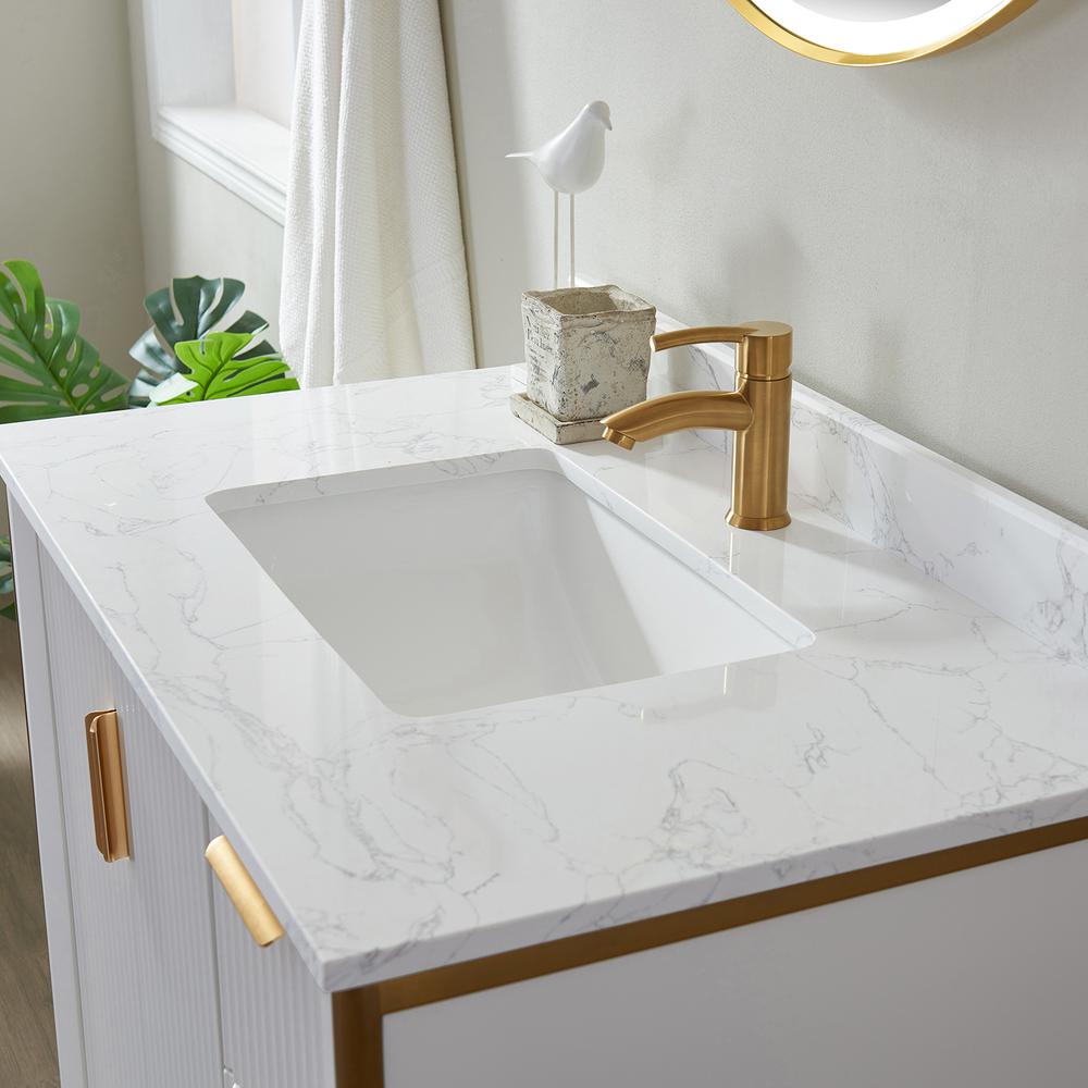 Vanity in White with White Composite Grain Stone Countertop With Mirror. Picture 7