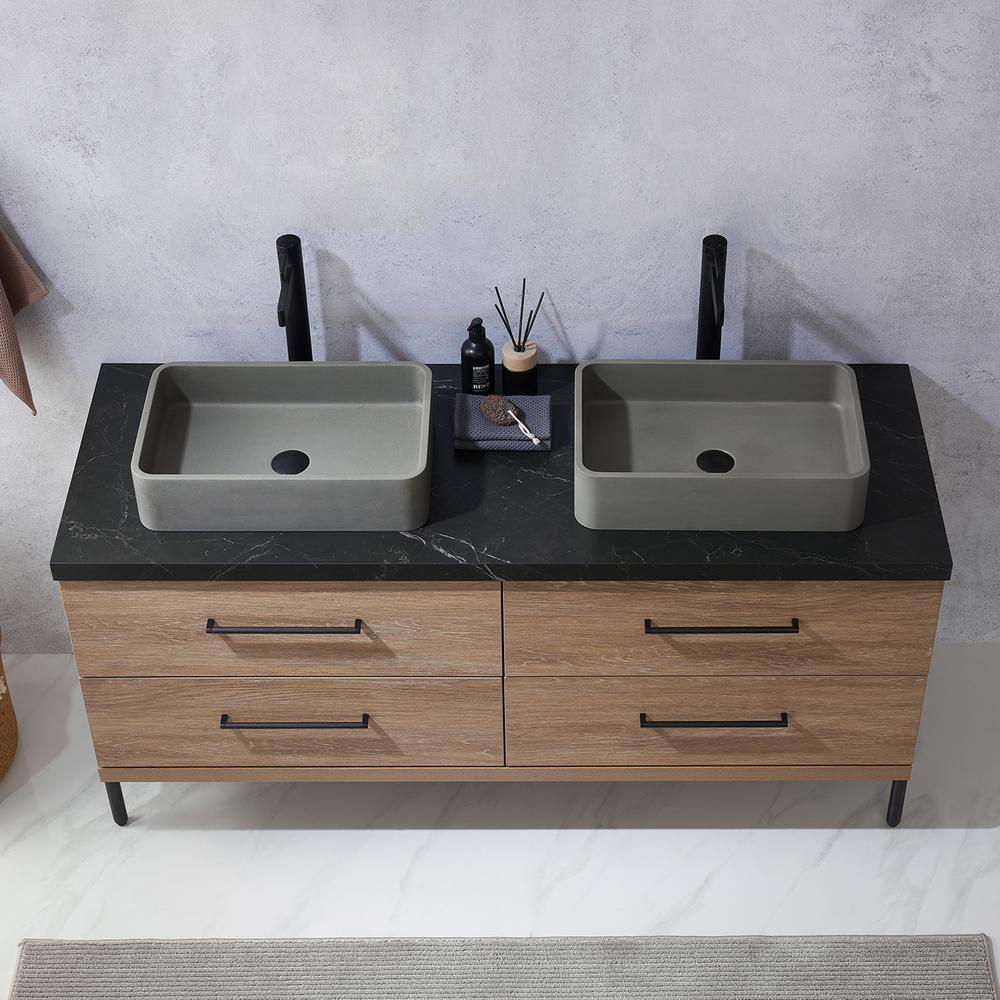 Double Sink Bath Vanity with Black Sintered Stone Top with Concrete Sink. Picture 10