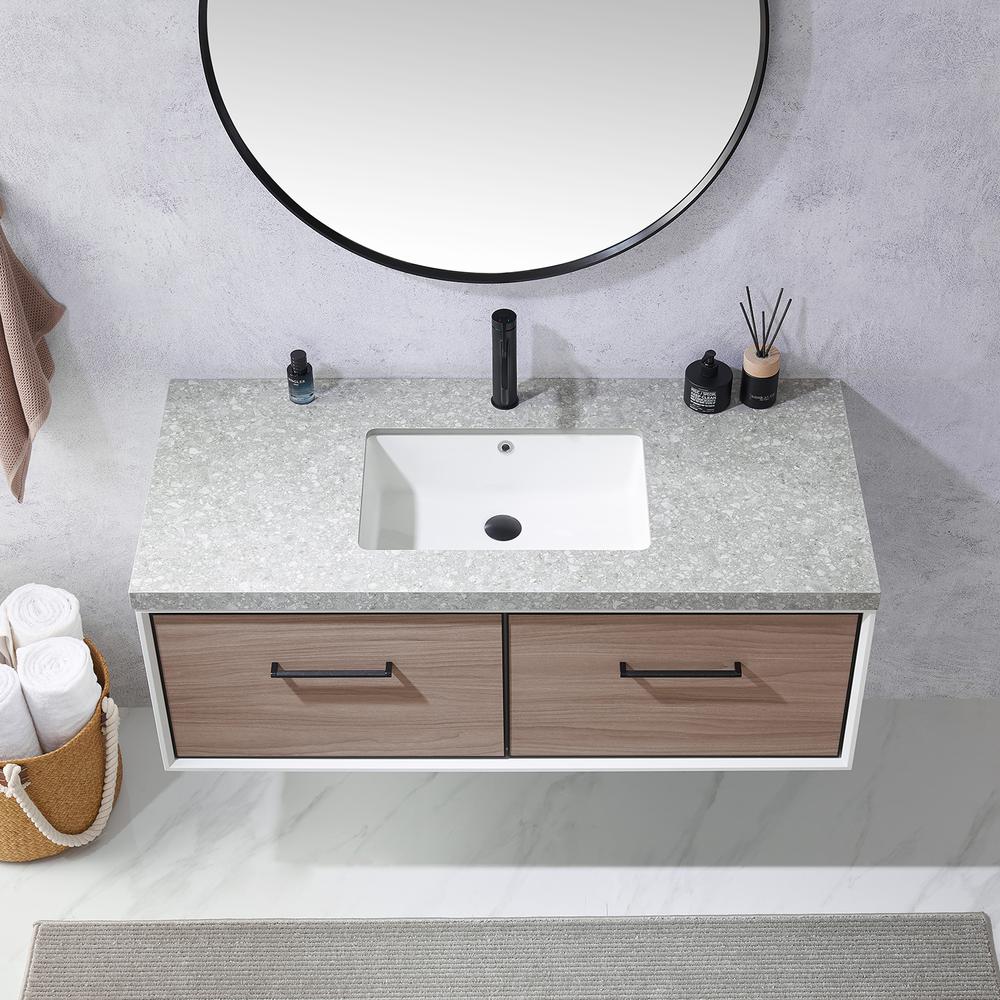 Single Sink Bath Vanity in Light Walnut with Grey Sintered Stone Top and Mirror. Picture 7