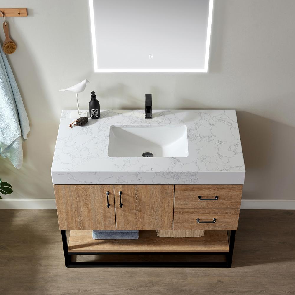 42B" Single Vanity with White Grain Stone Countertop With Mirror. Picture 5