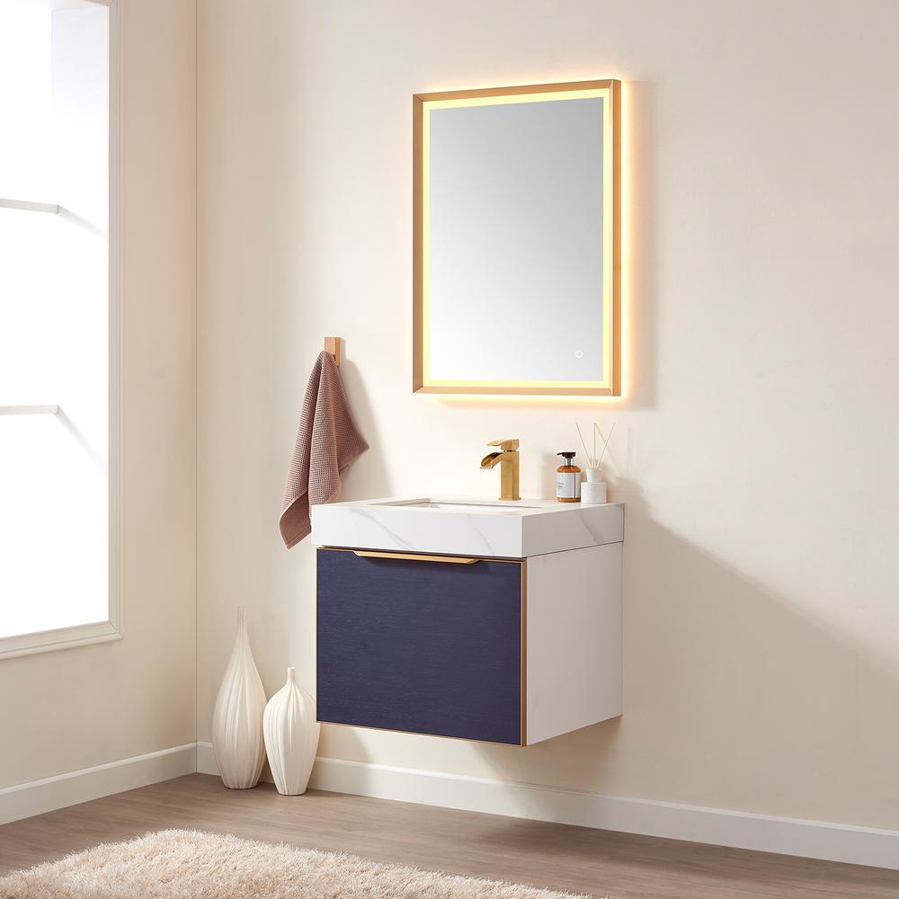 Single Sink Bath Vanity in Blue with White Sintered Stone Top and Mirror. Picture 8