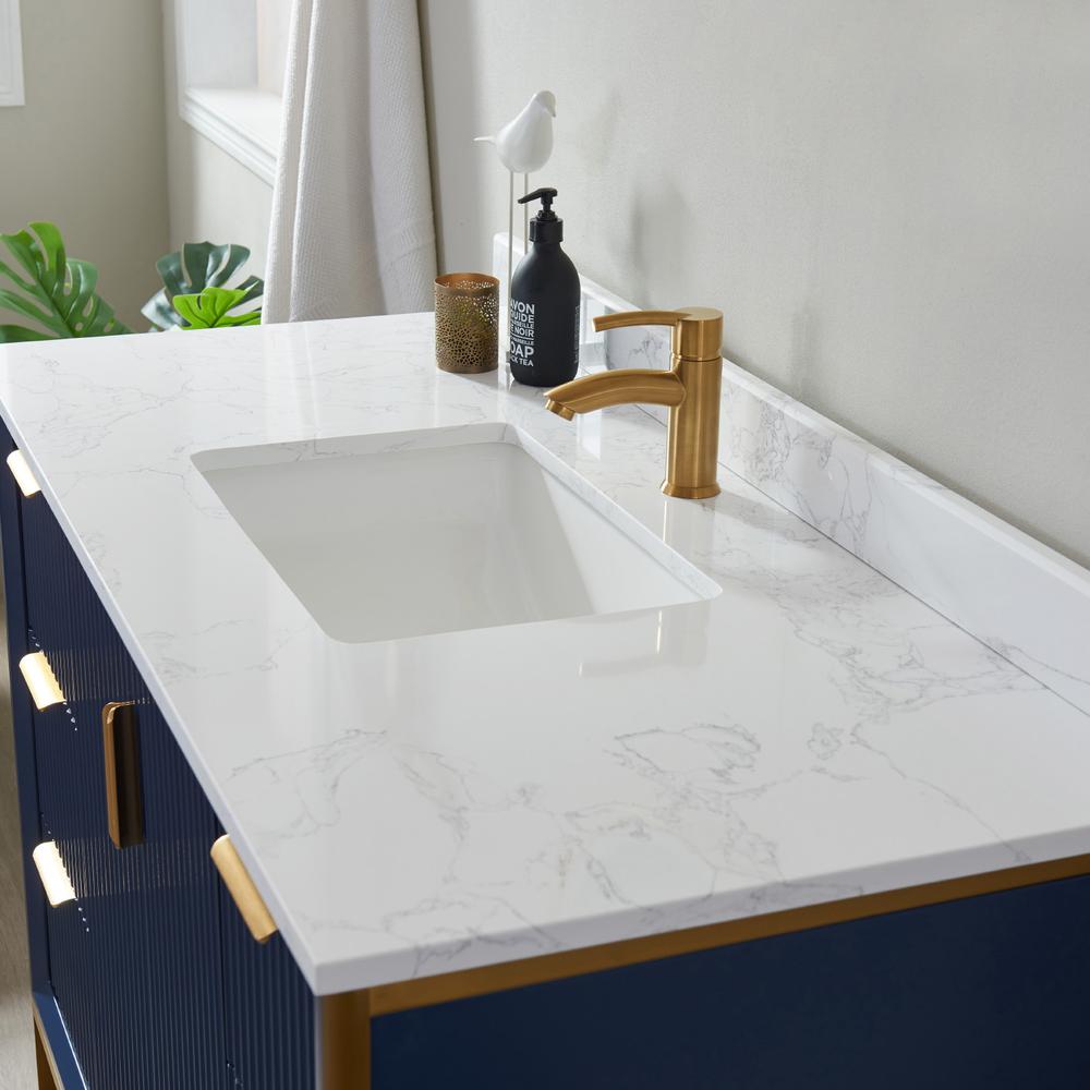 Vanity in Royal Blue with White Composite Grain Stone Countertop Without Mirror. Picture 7