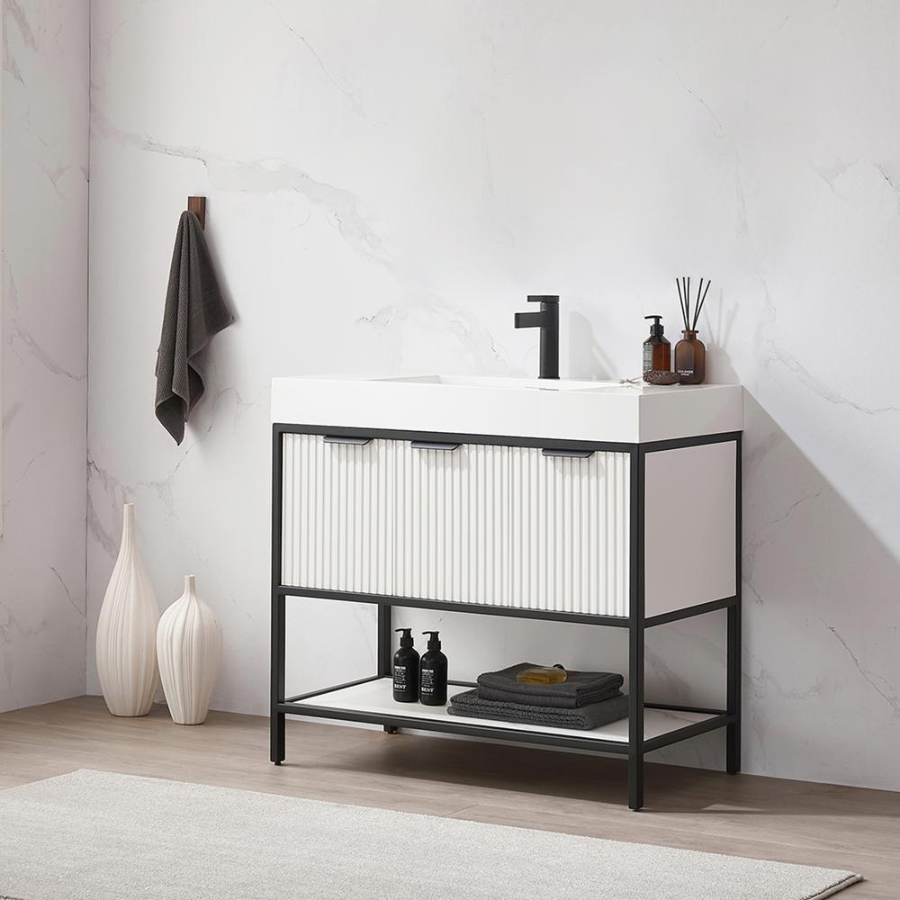 Single Sink Bath Vanity in White with One-Piece Composite Stone Sink Top. Picture 5