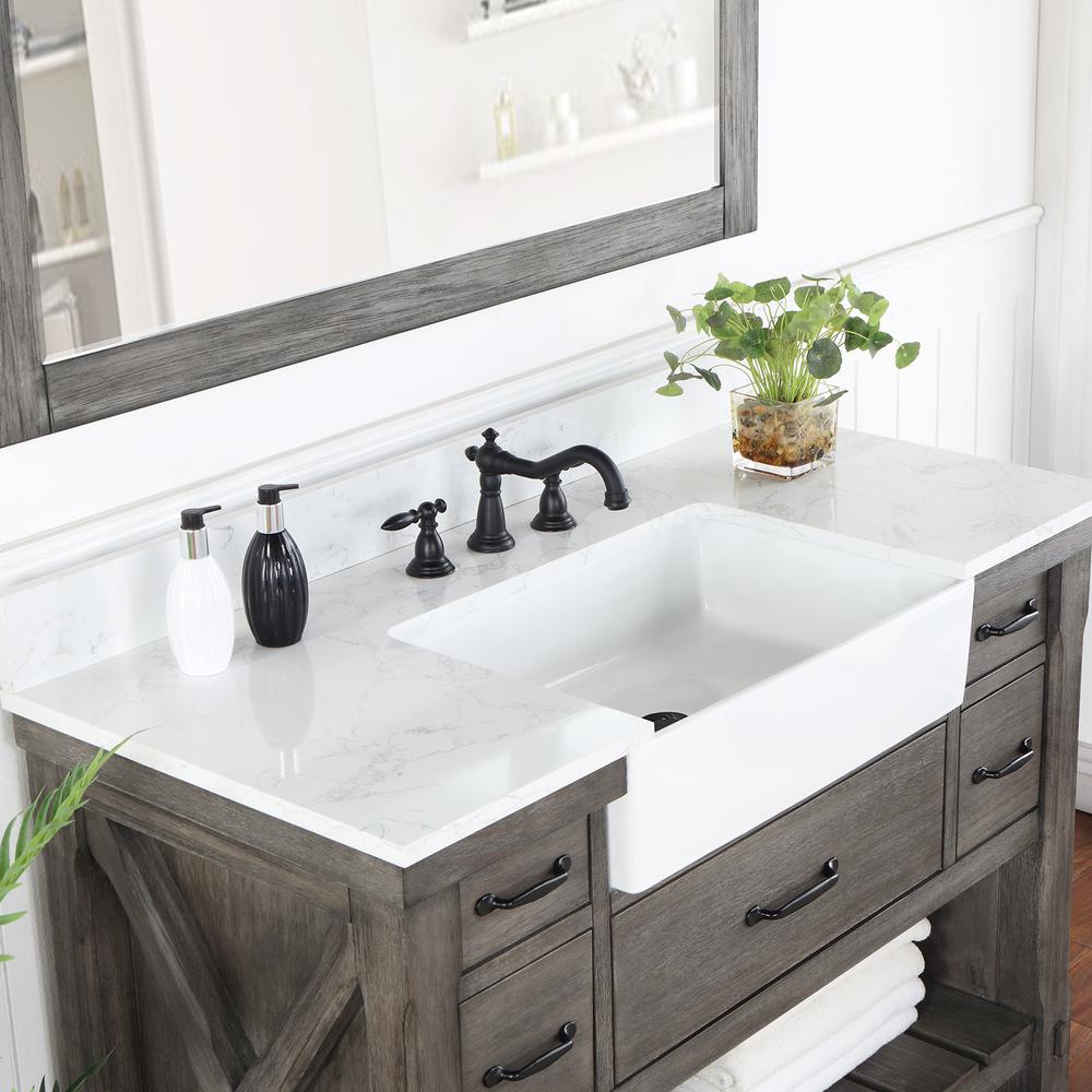 Single Bath Vanity with Composite Stone Top, White Farmhouse Basin and Mirror. Picture 9
