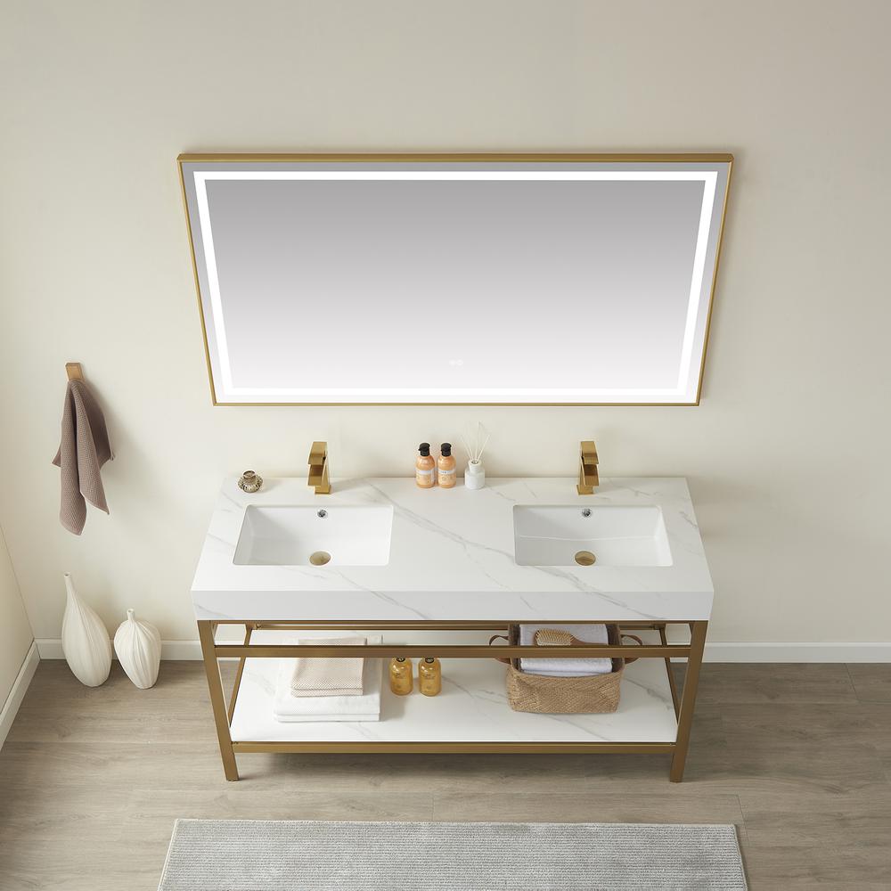 Double Sink Bath Vanity Metal Support with White Sintered Stone Top and Mirror. Picture 5