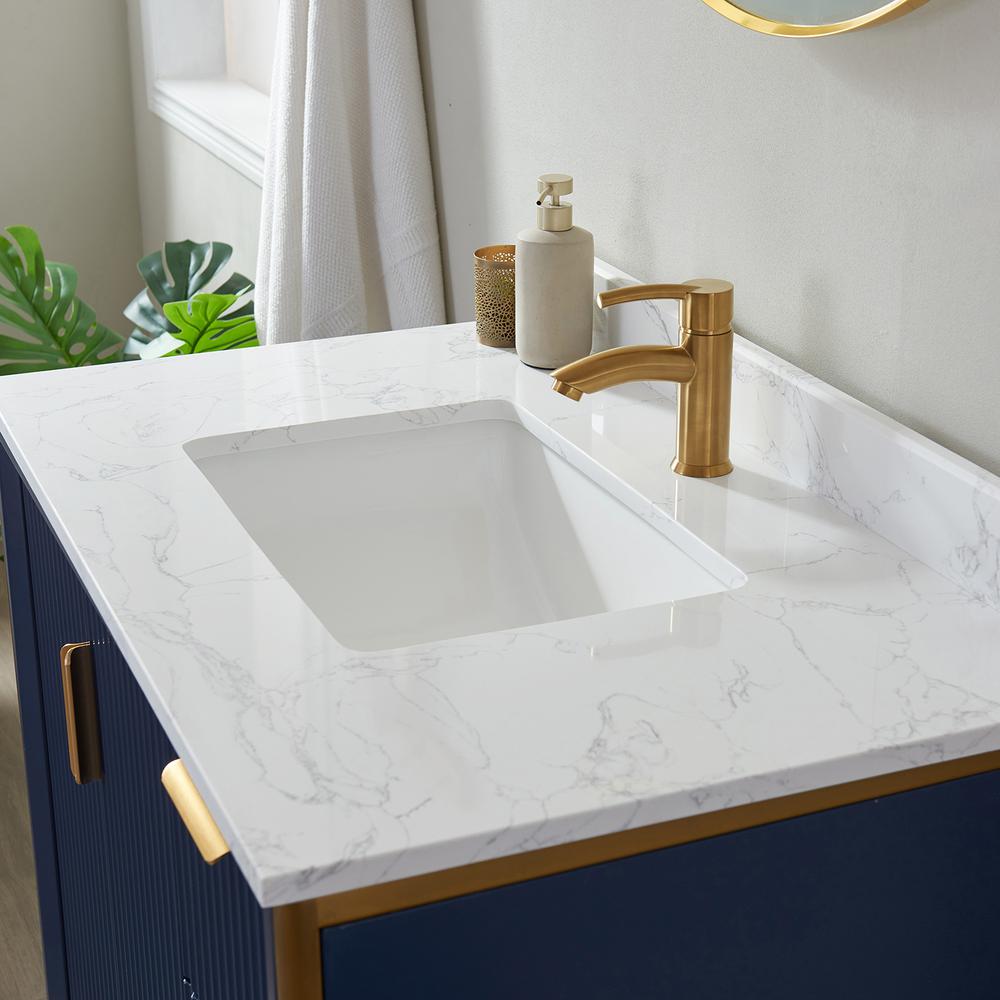 Vanity in Royal Blue with White Composite Grain Stone Countertop With Mirror. Picture 7