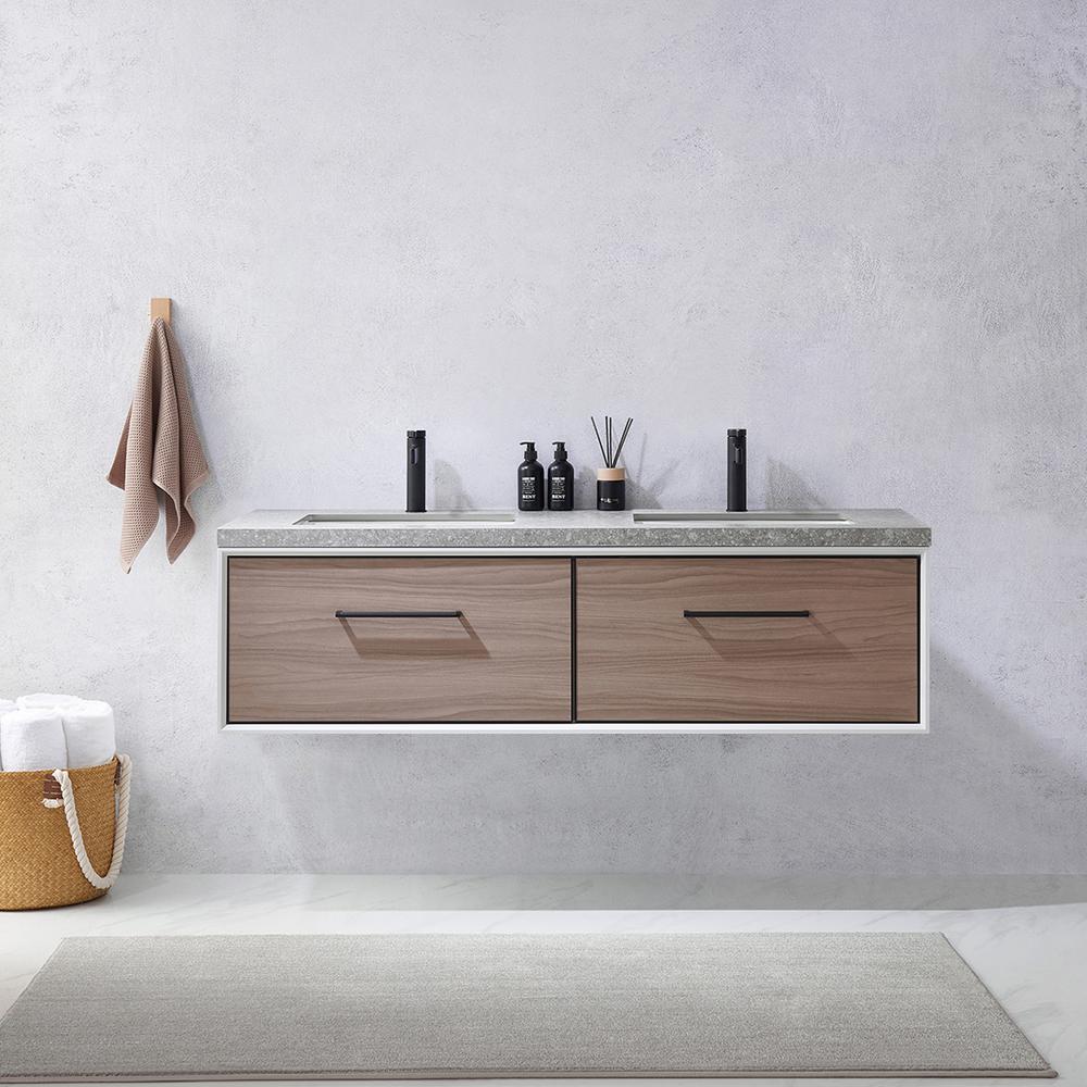 Double Sink Bath Vanity in Light Walnut with Grey Sintered Stone Top. Picture 4