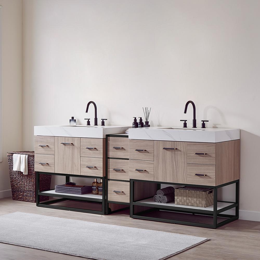 Toledo 84"Double Sink Bath Vanity in Light Walnut with White Sintered Stone Top. Picture 5
