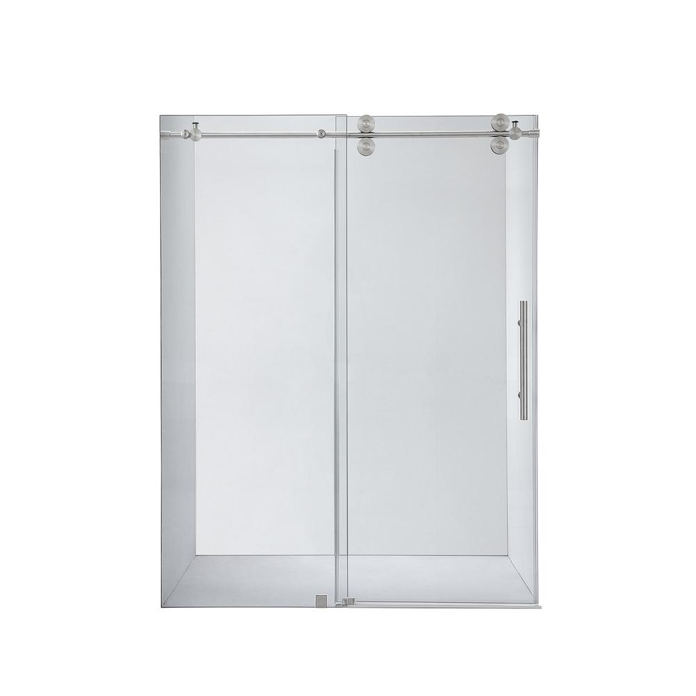 Villena 56" W x 78" H Single Sliding Frameless Shower Door in Brushed Nickel. Picture 1