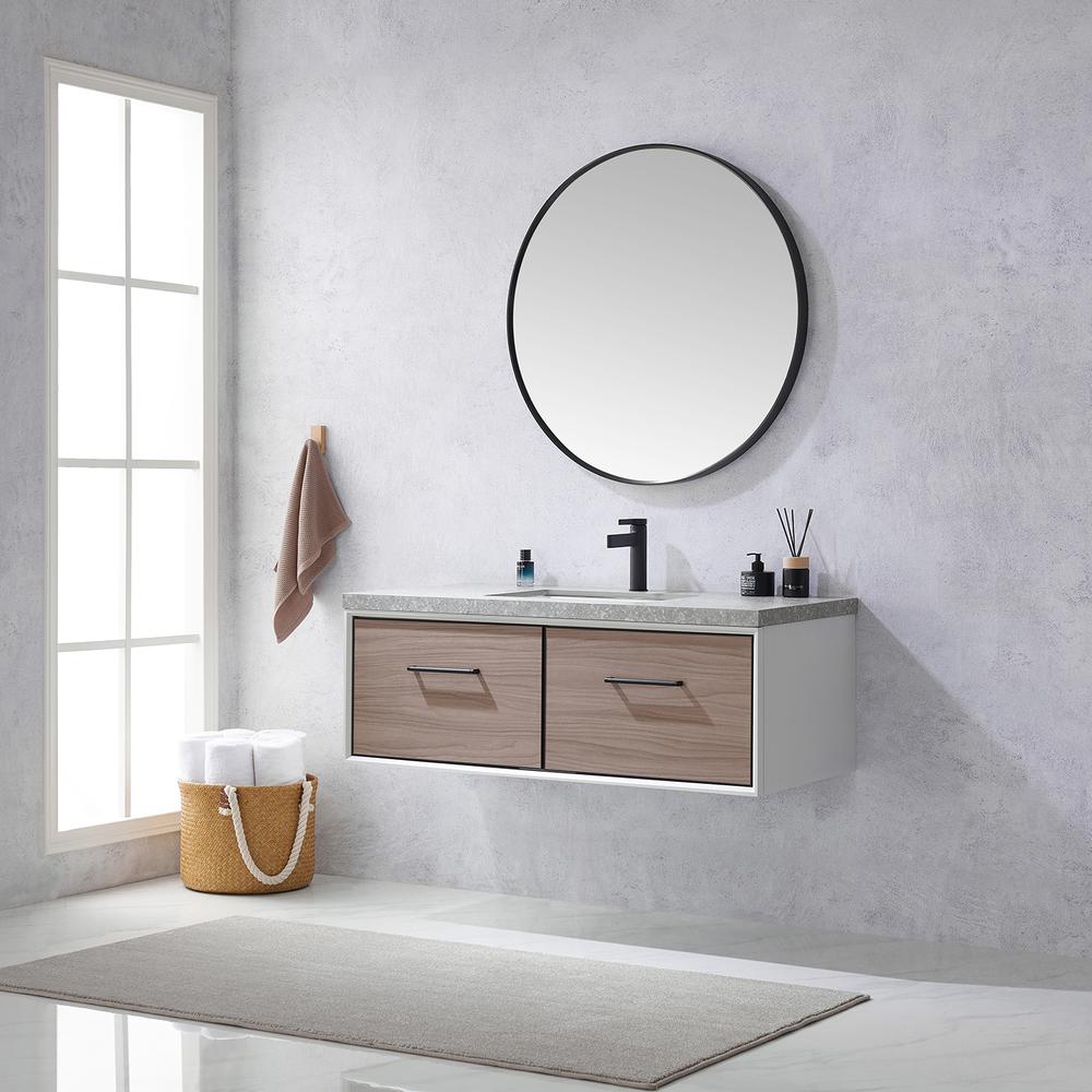 Single Sink Bath Vanity in Light Walnut with Grey Sintered Stone Top and Mirror. Picture 5