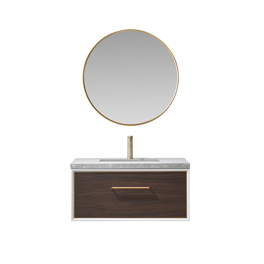 Single Sink Bath Vanity in Dark Walnut with Grey Sintered Stone Top and Mirror. Picture 1