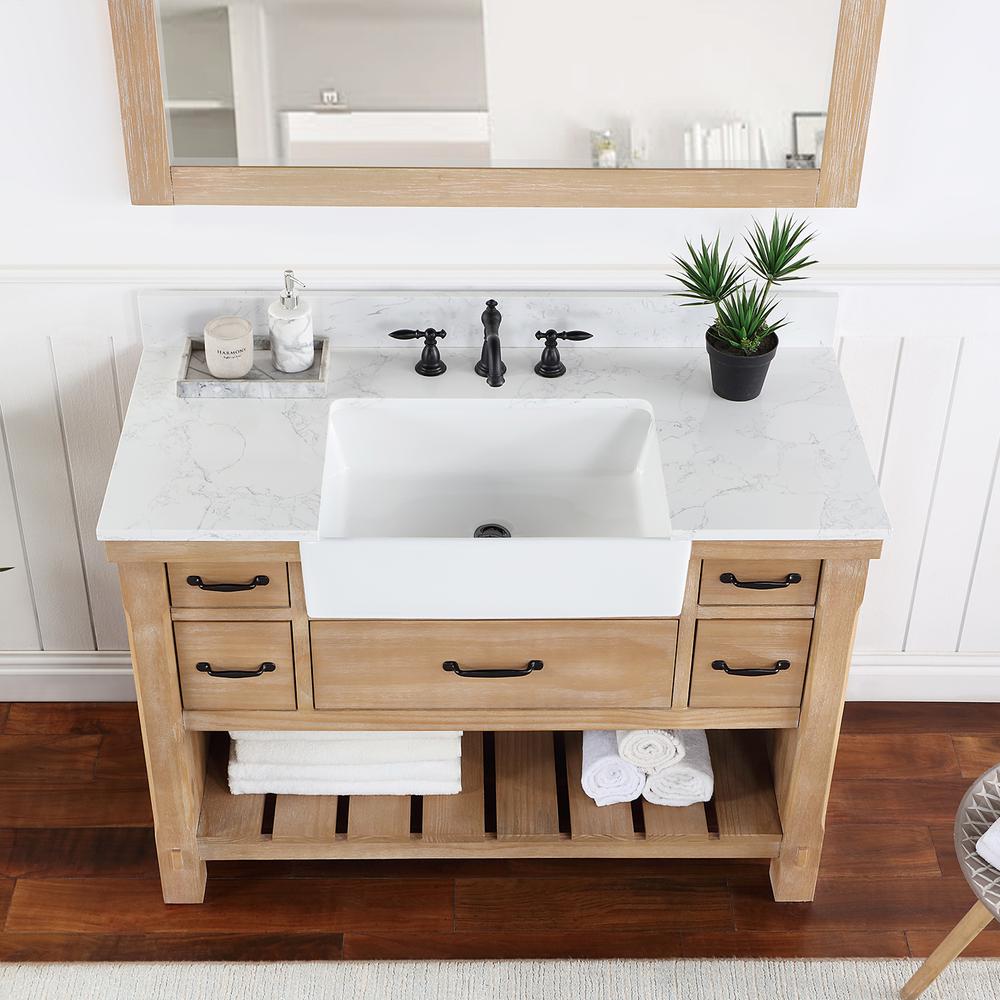 Single Bath Vanity with Composite Stone Top, White Farmhouse Basin and Mirror. Picture 7