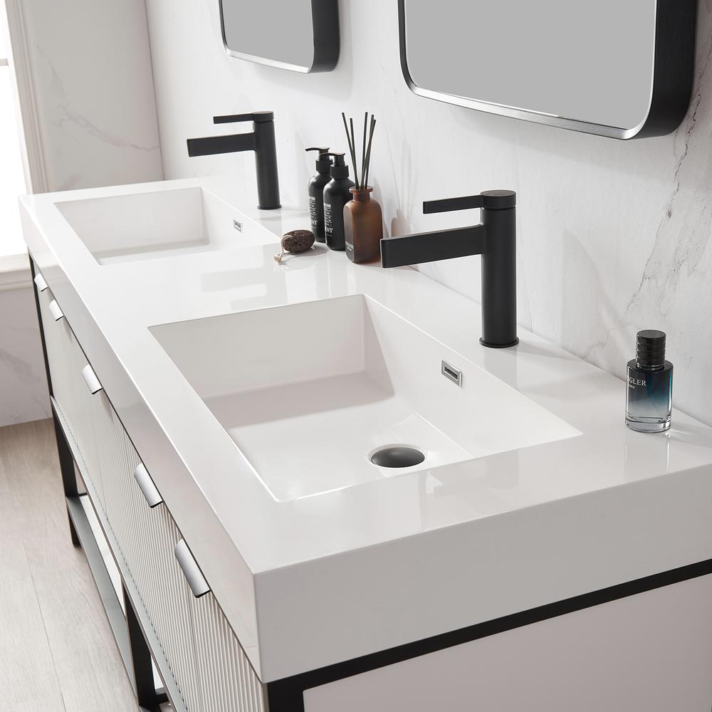 Double Sink Bath Vanity with One-Piece Composite Stone Sink Top and Mirror. Picture 8
