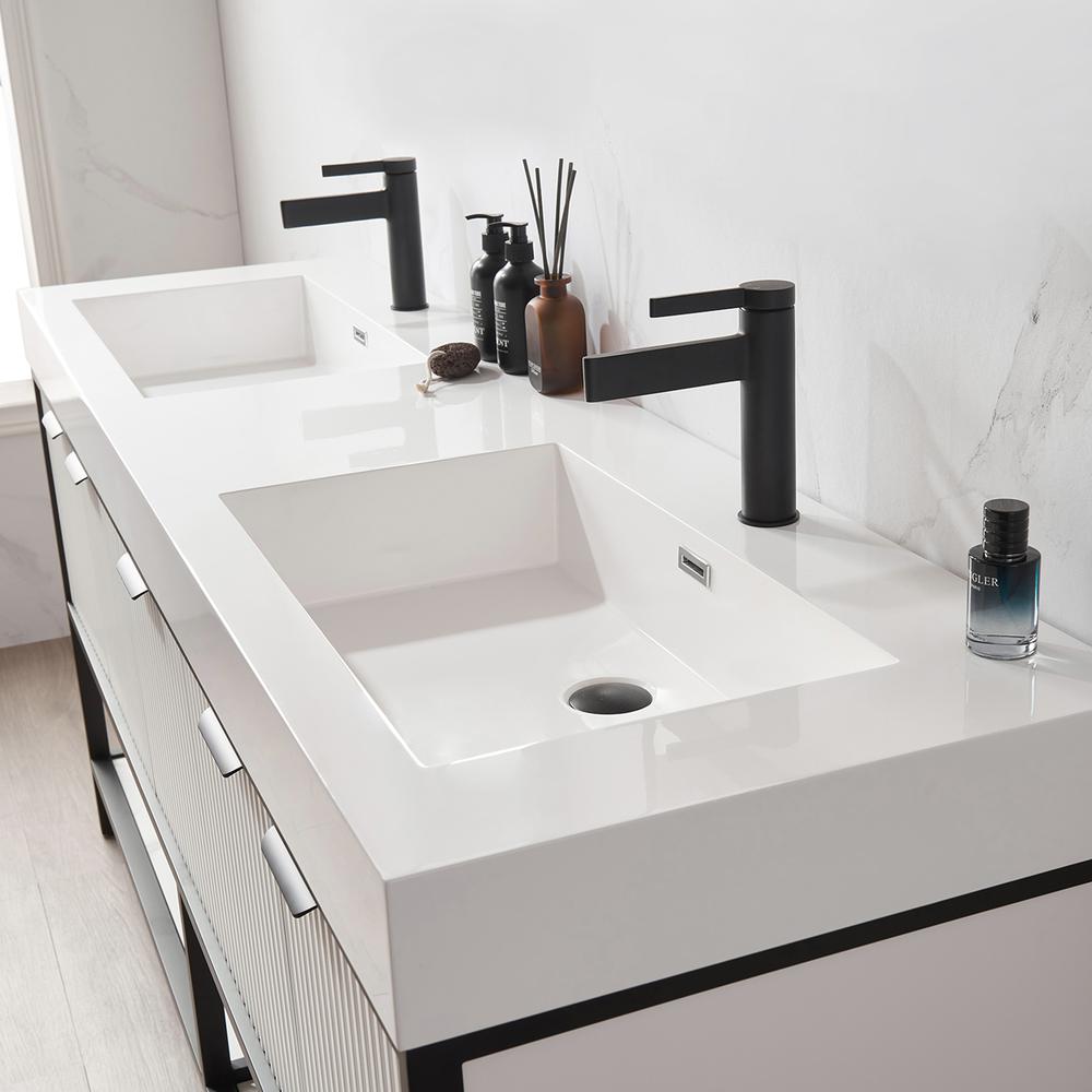 Double Sink Bath Vanity in White with One-Piece Composite Stone Sink Top. Picture 8