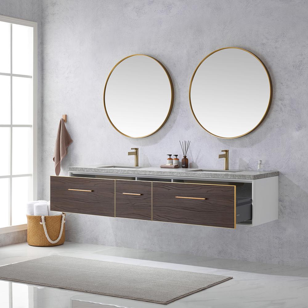 Double Sink Bath Vanity in Dark Walnut with Grey Sintered Stone Top and Mirror. Picture 6