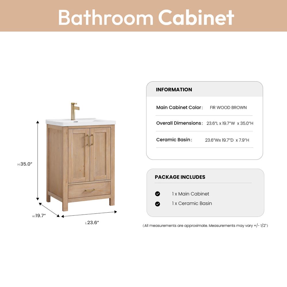 Single Sink Bath Vanity in Fir Wood Brown with Drop-In White Ceramic Basin. Picture 16