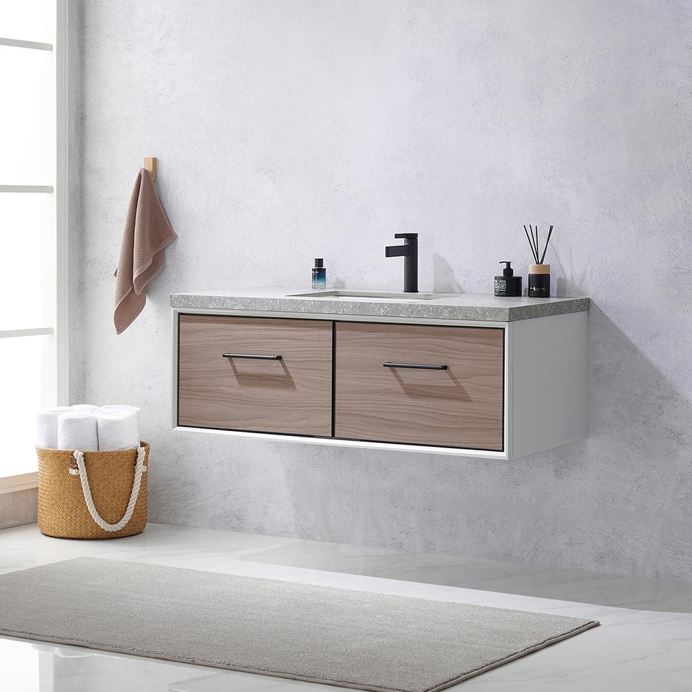 Single Sink Bath Vanity in Light Walnut with Grey Sintered Stone Top. Picture 4