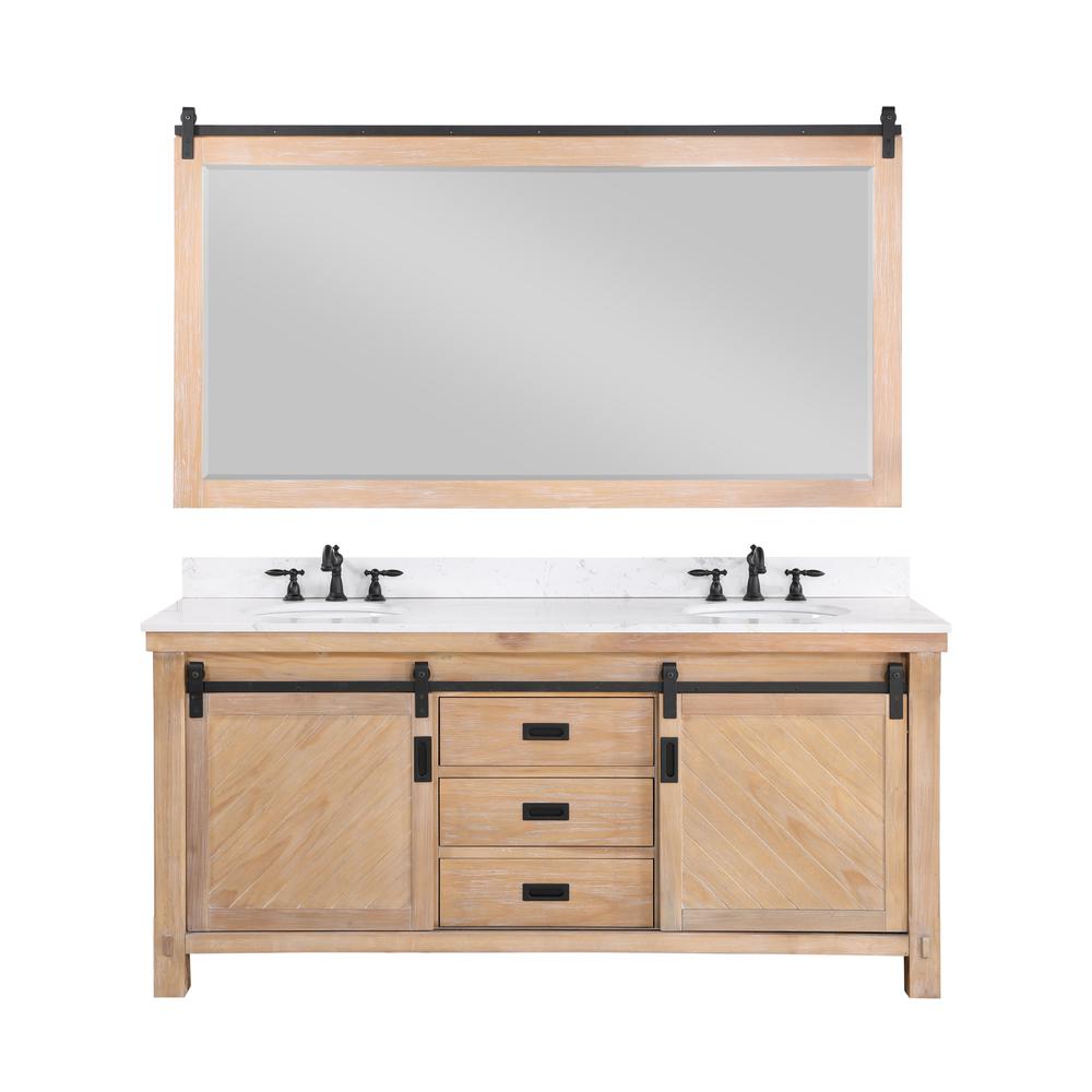 Double Sink Bath Vanity with White Composite Countertop and Mirror. Picture 1