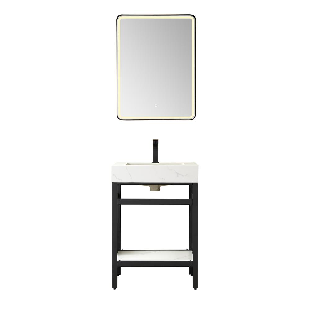 Single Sink Bath Vanity Metal Support with White Sintered Stone Top and Mirror. Picture 1