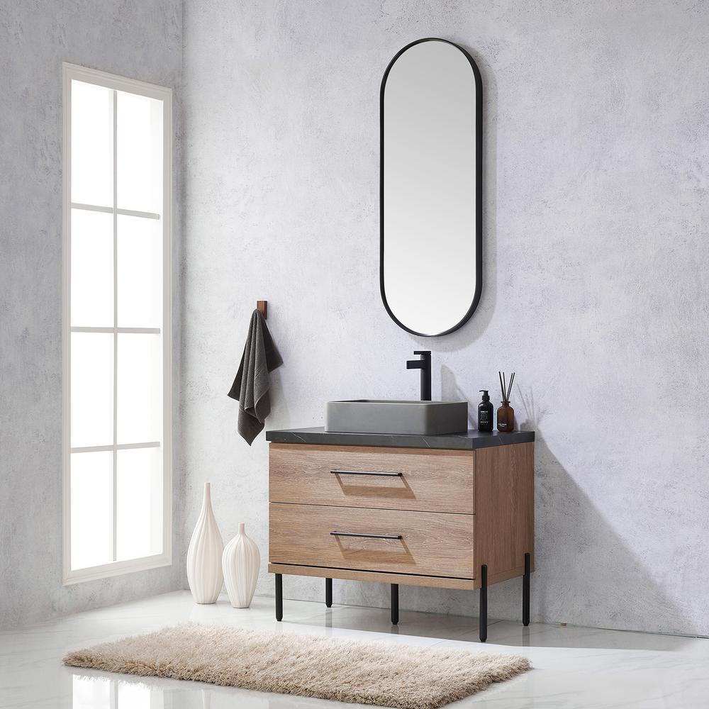 Single Sink Bath Vanity with Sintered Stone Top with Concrete Sink and Mirror. Picture 5