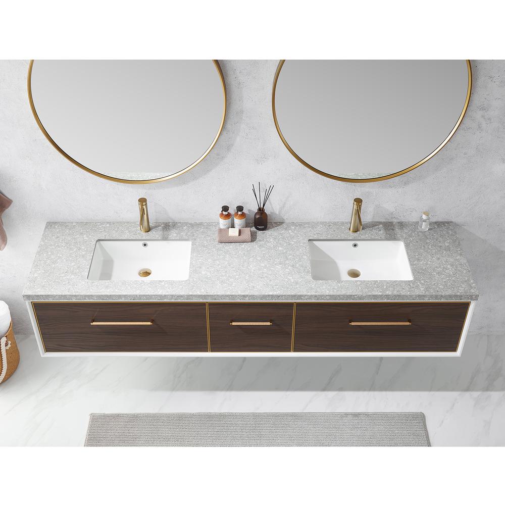 Double Sink Bath Vanity in Dark Walnut with Grey Sintered Stone Top and Mirror. Picture 7